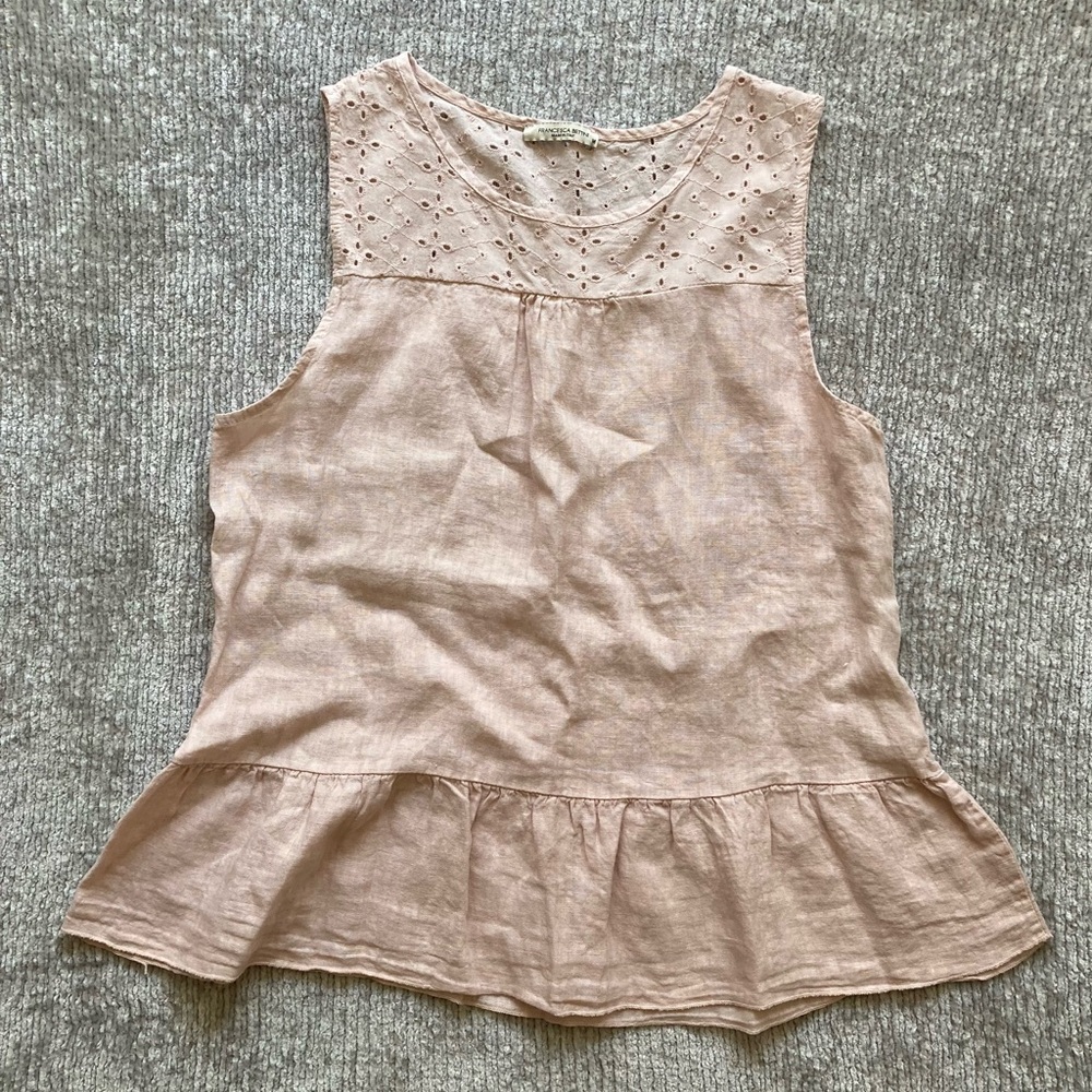 Francesca Bettini Pink‎ Linen Eyelet Sleeveless Ruffle Hem Top M Italy Romantic